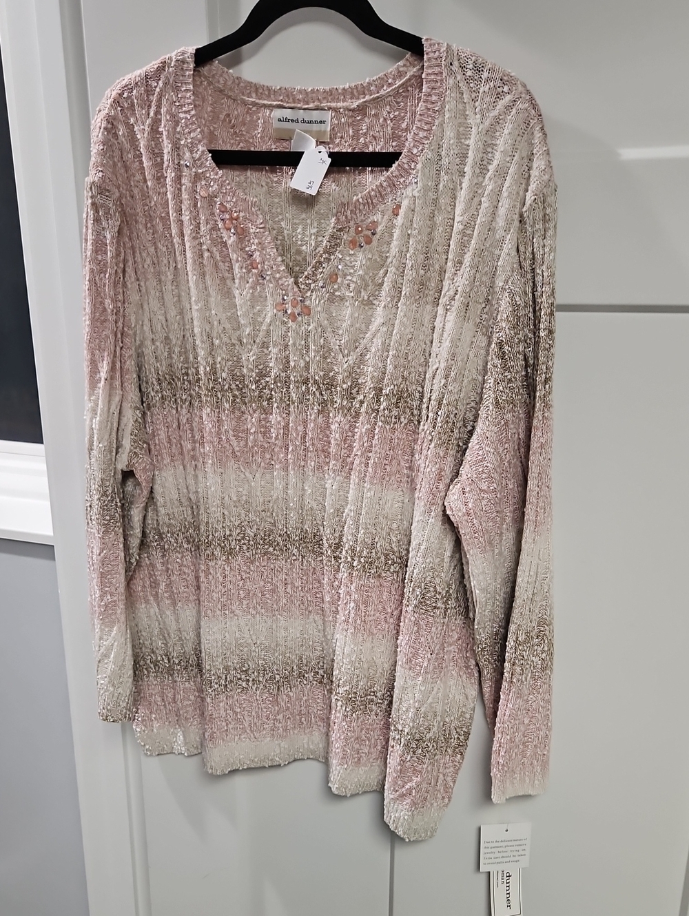 Alfred Dunner Pink and Cream Striped V-Neck Sweater with Embellished Neckline